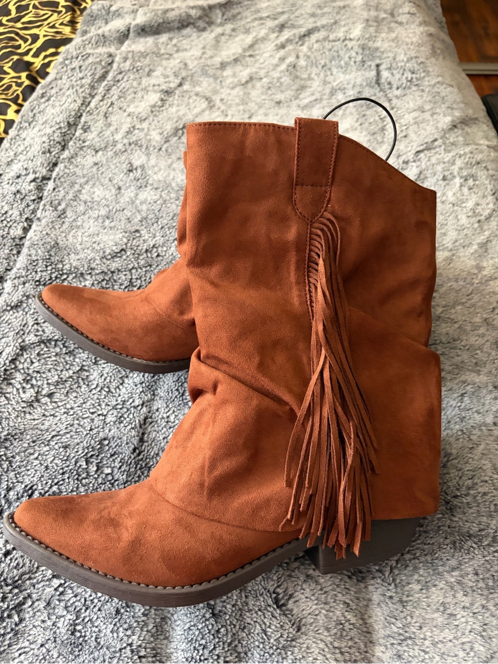 me too Rust Suede Fringe Western Ankle Boots